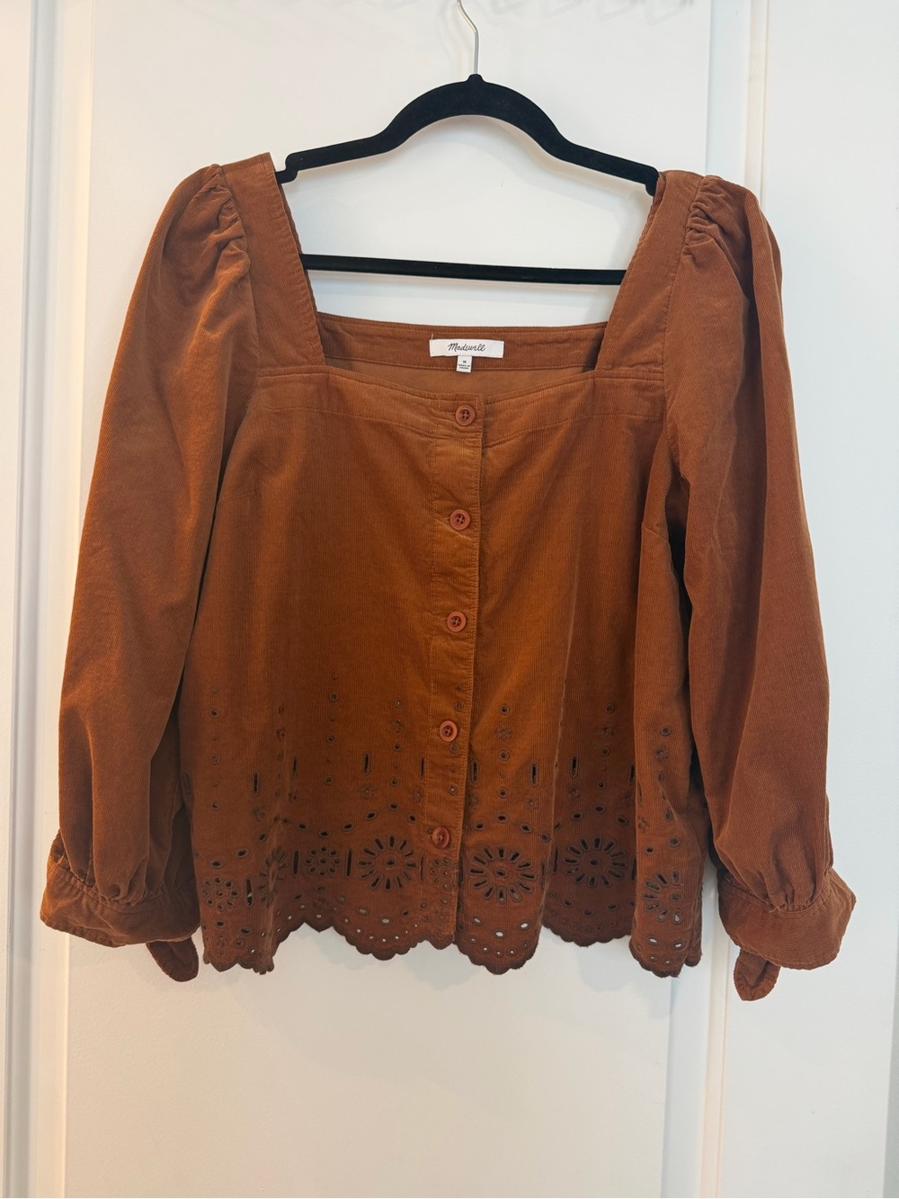 Madewell Rust Corduroy Eyelet Hem Button-Front Blouse